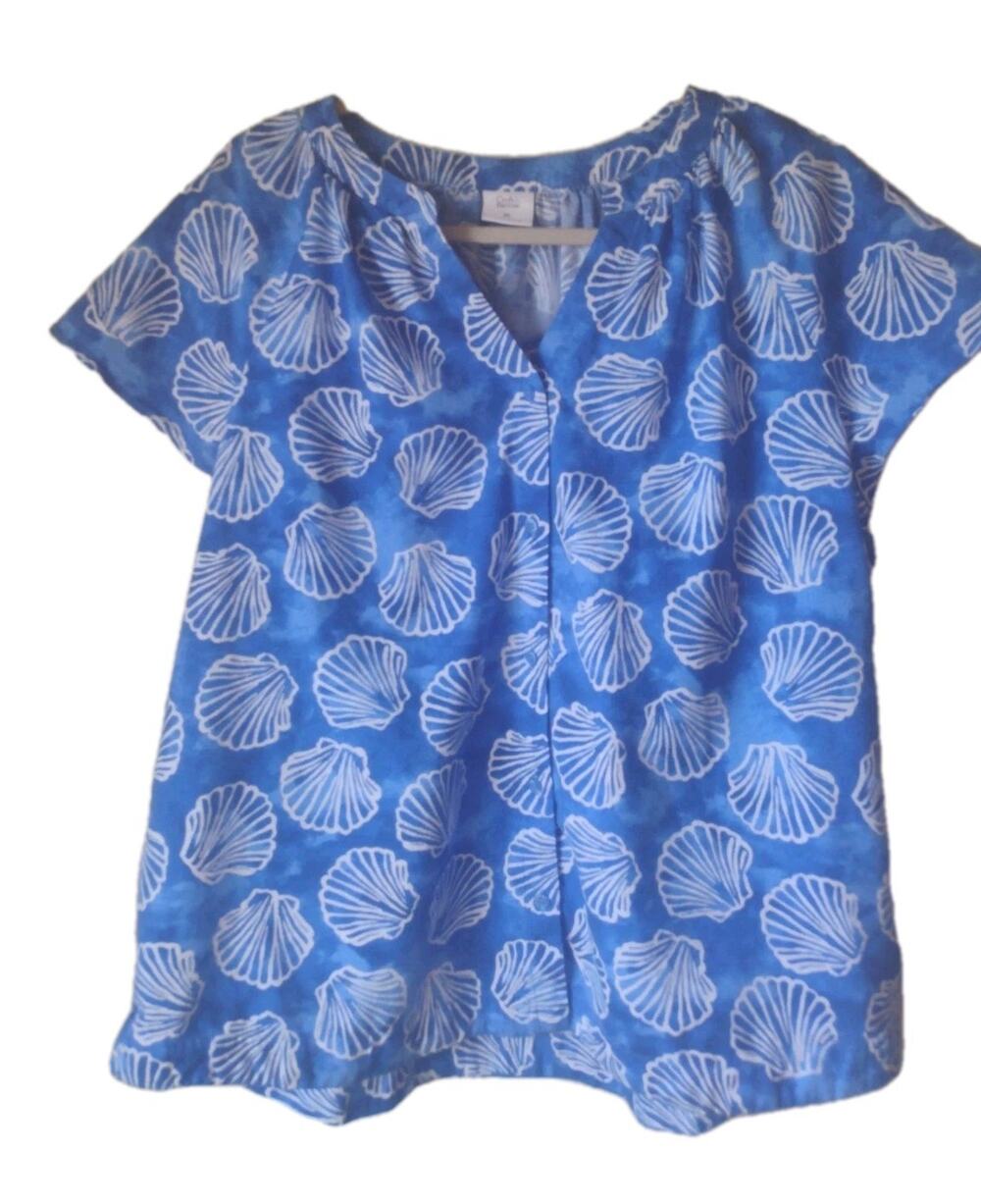 Croft & Barrow Short Sleeve Blouse Women's XL Blue Beachy Resort Casual Cotton